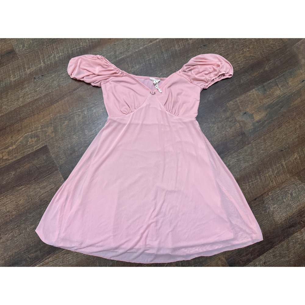 See You Monday Pink Mesh Mini Dress M Ruched Puff Sleeve Coquette Y2K